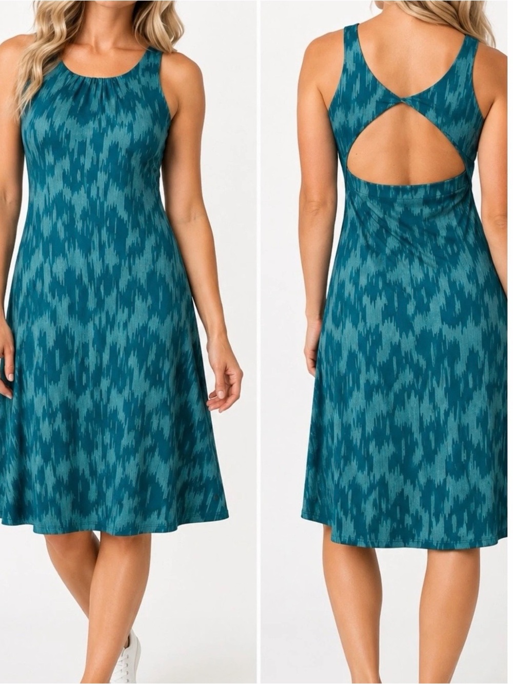 prAna Skypath Dress XL Deep Verde Ikat Built In Bra Open Back Active Travel